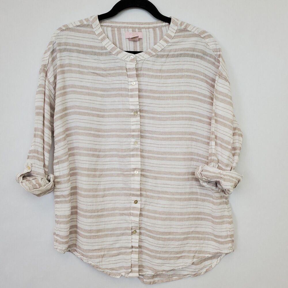 St Tropez Top Womens Small Linen‎ Striped Roll Tab Sleeve Button Front Striped